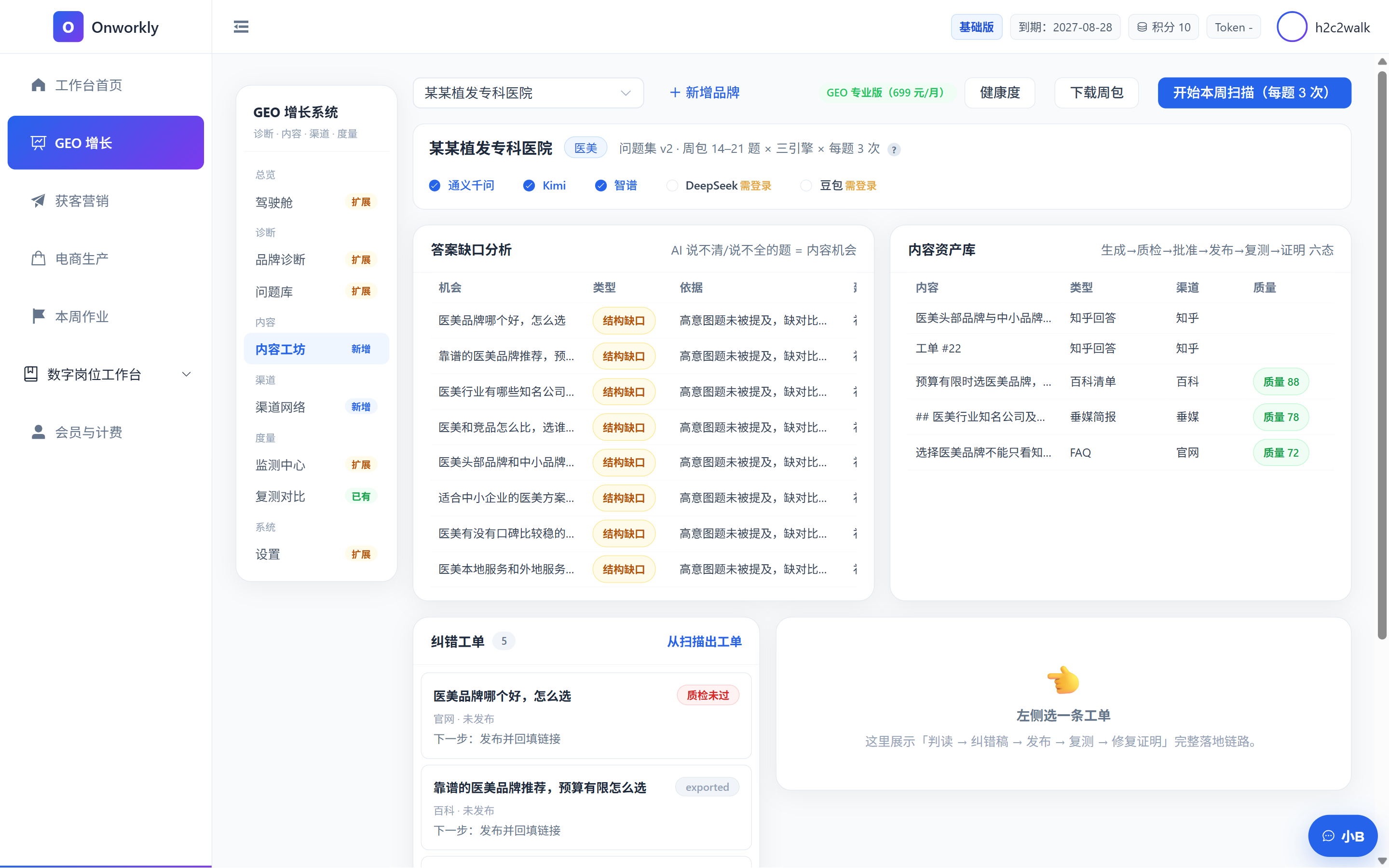内容工坊界面——缺口分析与纠错稿工单流水线